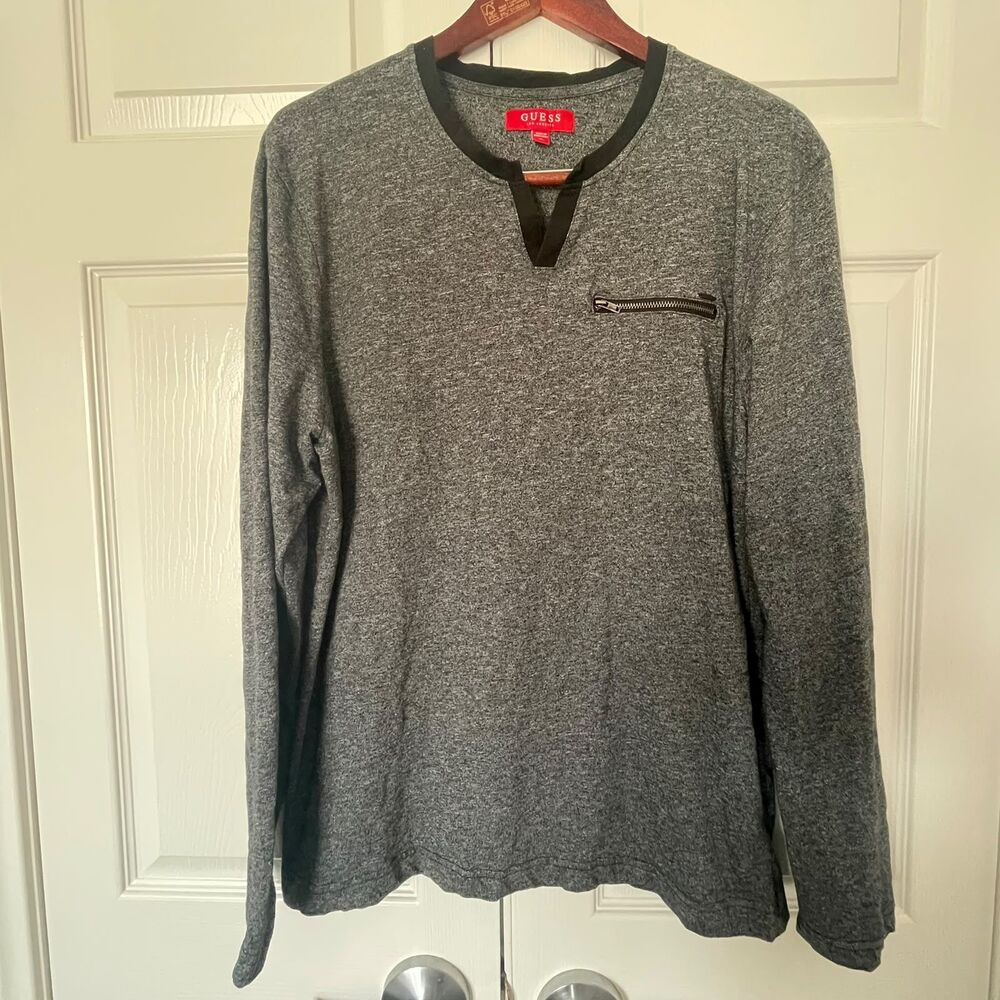 Guess Mens XL Charcoal Grey Heathered Split Neck Long Sleeve Zipper Pocket Shirt - Picture 2 of 8